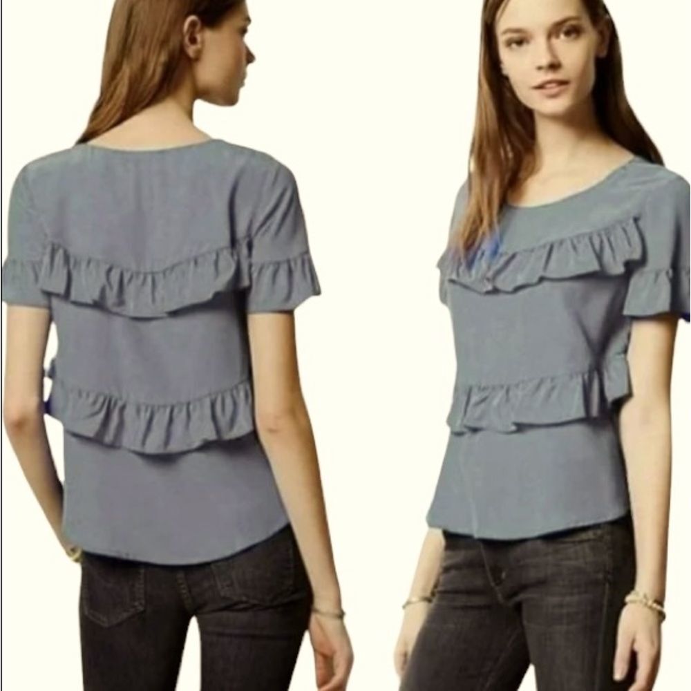 Anthropologie HD in Paris gray silk ruffle blouse size small